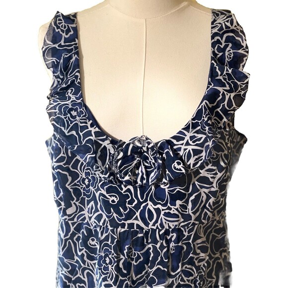 Ann Taylor Dress 14 Navy White Floral Cotton Shift Sleeveless U Neck Ruffles NWT - Picture 2 of 15